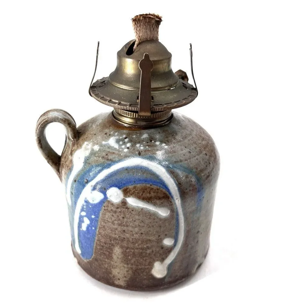 Vintage Axner Signed Stone Clay Pottery Hurricane Oil Lamp Glass Chimney